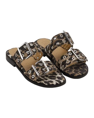 Ganni Femin 2 Buckle Strap Leopard Denim Sandal