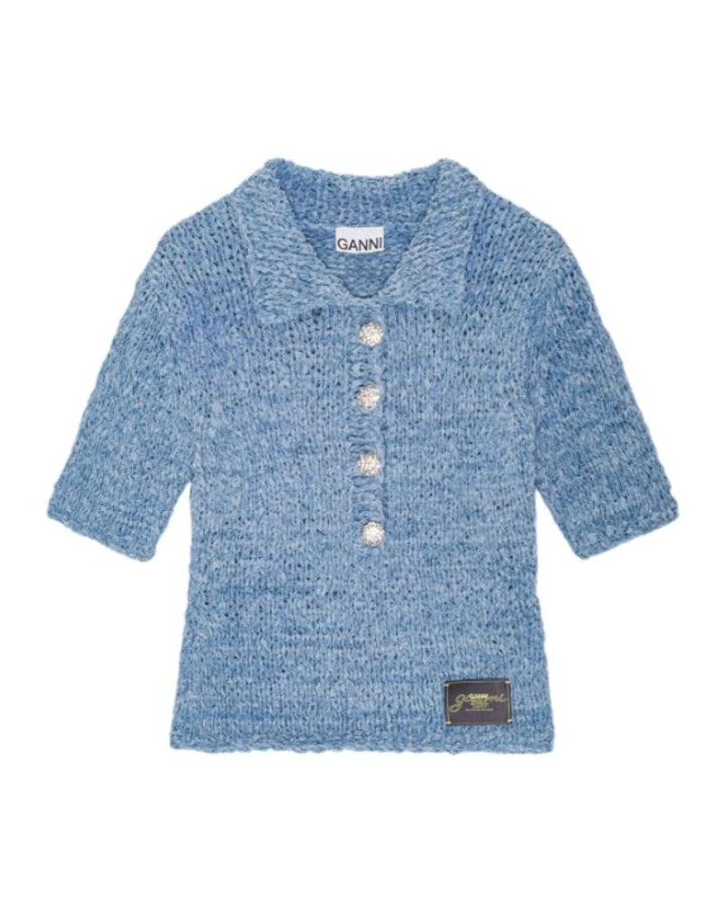 Ganni Blue Denim Handknit Polo Pullover
