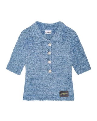 Ganni Blue Denim Handknit Polo Pullover