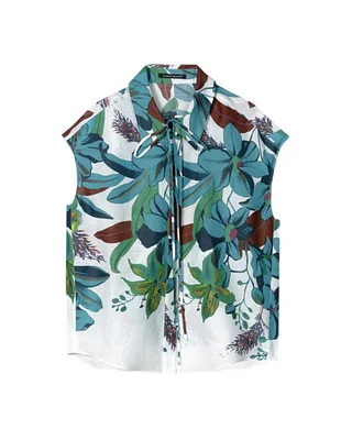 Luisa Cerano Hawaiian Floral Linen Shirt Blouse