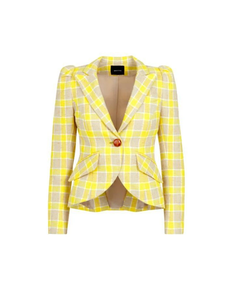 Smythe Pouf Sleeve One Button Blazer Yellow Check