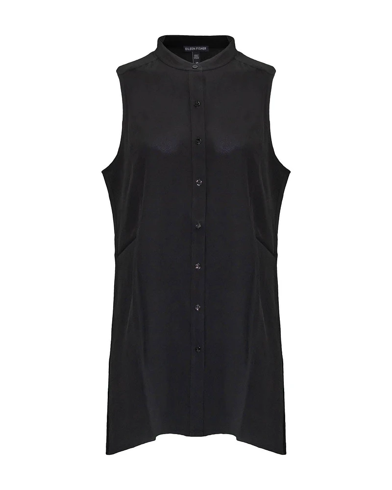 Silk Mandarin Collar Sleeveless Shirt Black