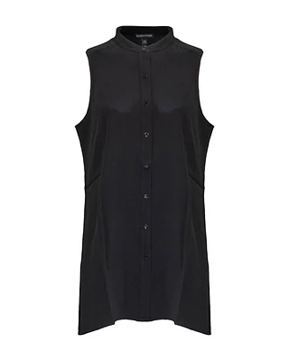 Silk Mandarin Collar Sleeveless Shirt Black