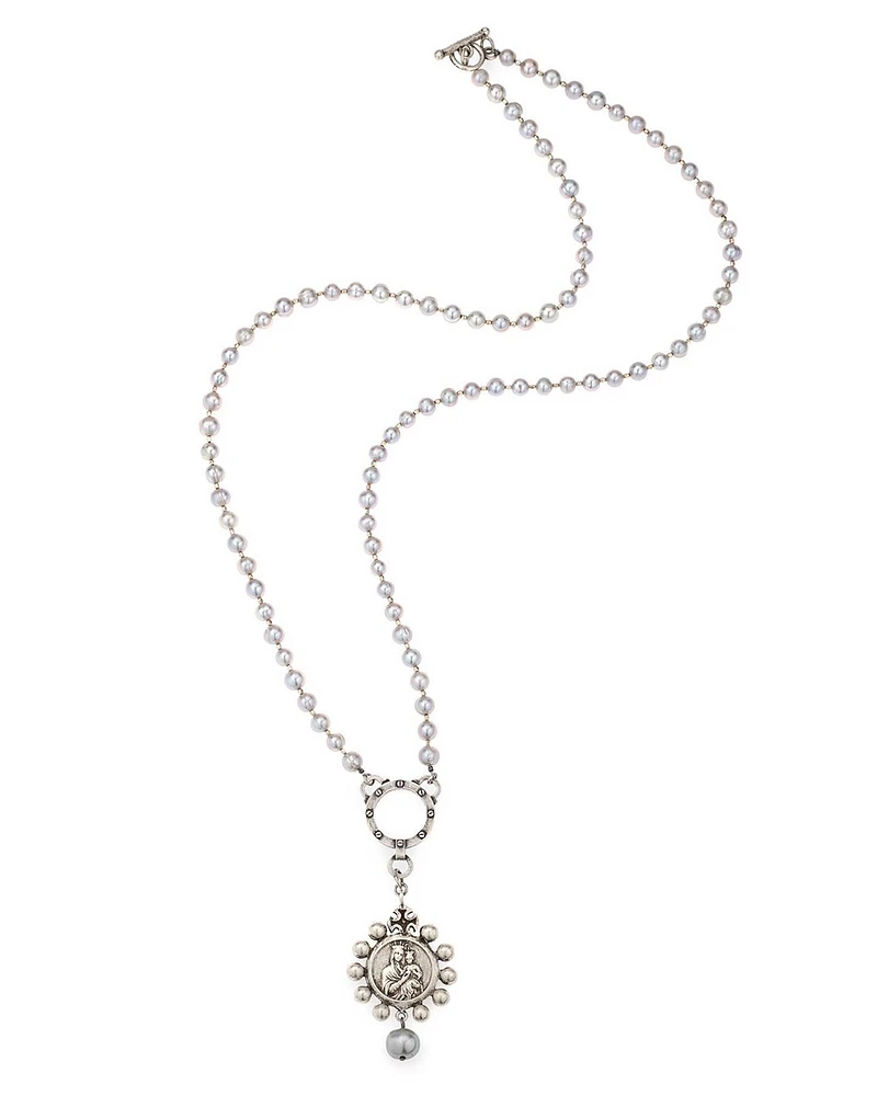 Silver Pearls Mary Medal Necklace