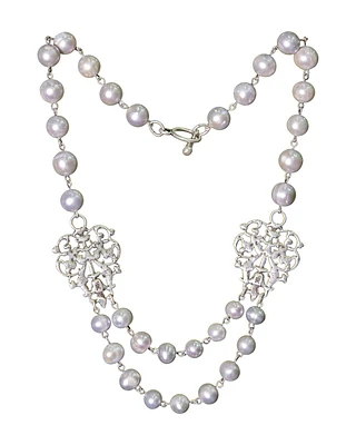 Silver Pearls Necklace with Twin French Filigree Pendants