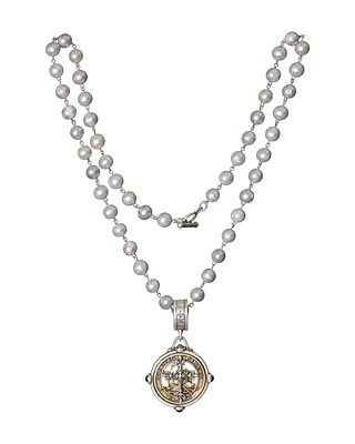 Silver Perals with Pineau Cross Stack Medallion Necklace