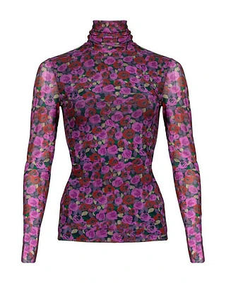 Ganni Floral Print Mesh Sleeve Turtleneck