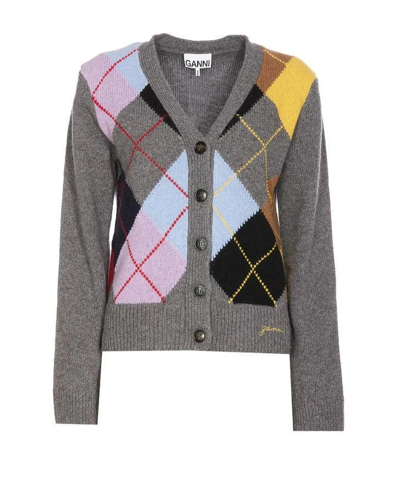 Ganni Harlequin Wool Mix Knit Cardigan