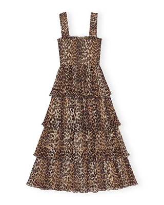 Ganni Leopard Pleated Georgette Flounce Smock Midi Dress