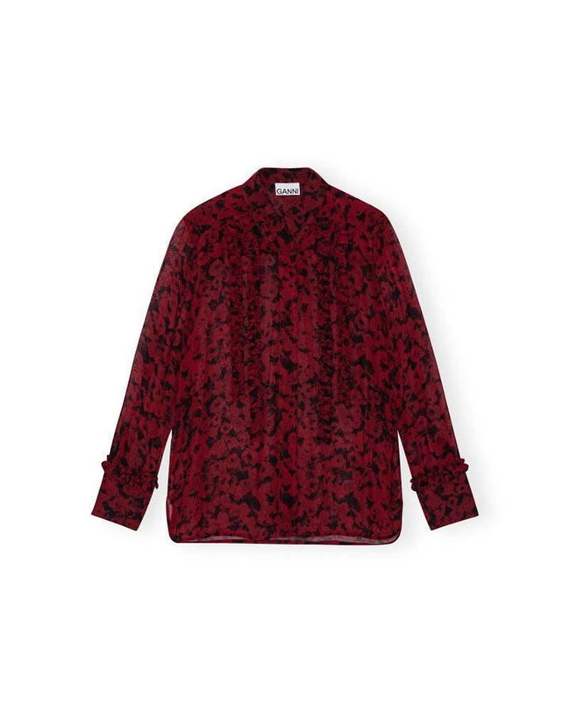 Ganni Red Print Georgette Ruffle Shirt
