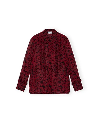 Ganni Red Print Georgette Ruffle Shirt