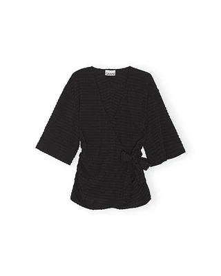 Ganni Stretch Seersucker Wrap Blouse