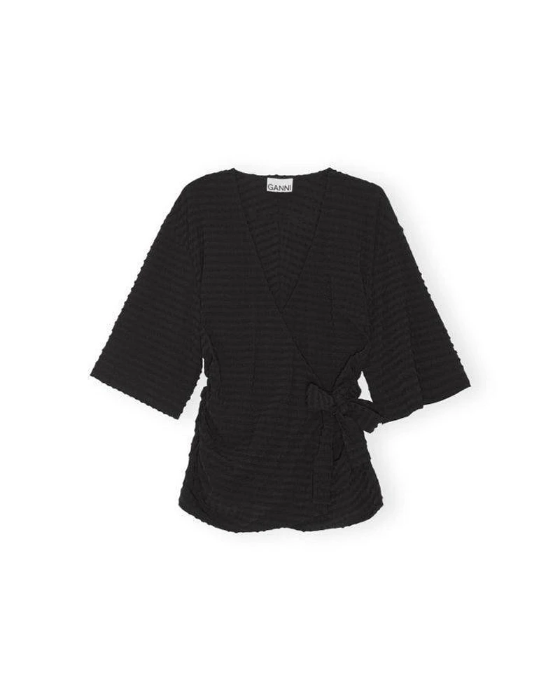 Ganni Stretch Seersucker Wrap Blouse