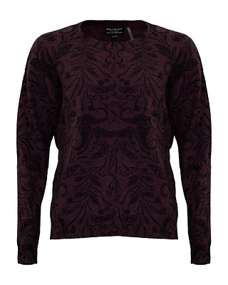 Cashmere Floral Design Crew Neck Sweater Burgundy