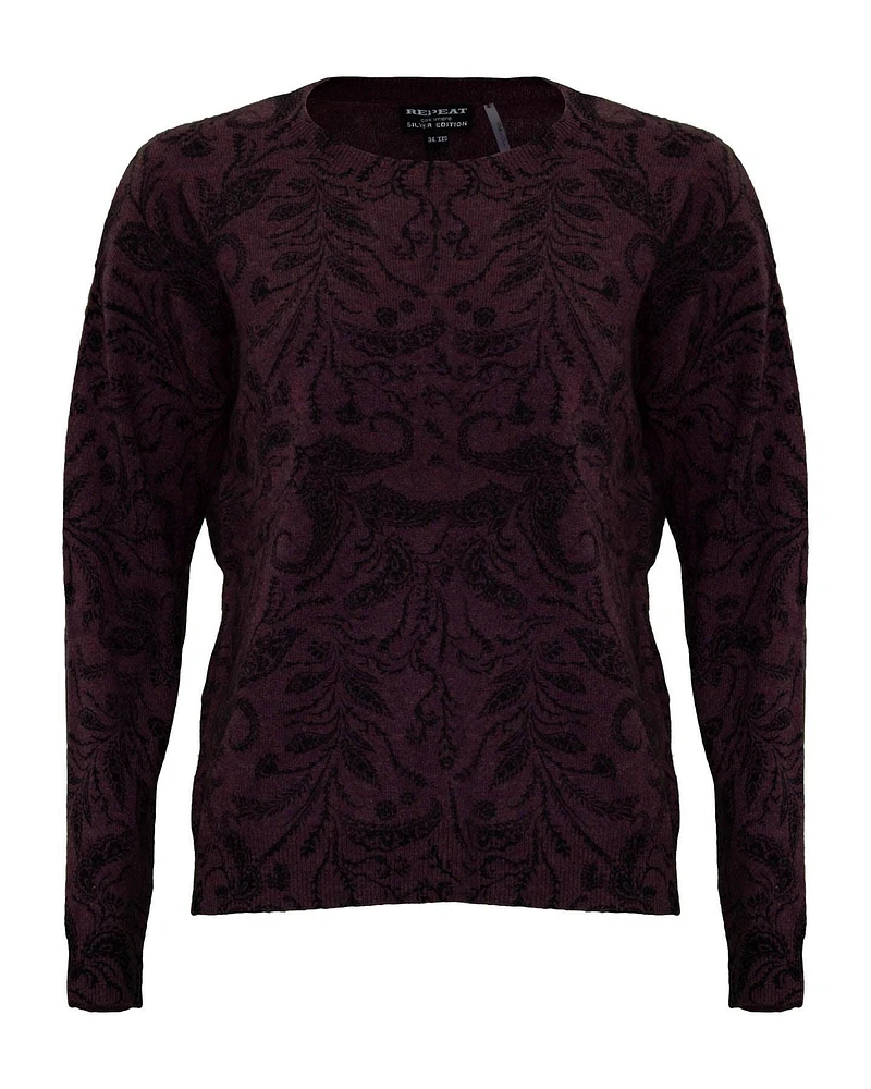 Cashmere Floral Design Crew Neck Sweater Burgundy