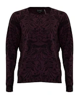 Cashmere Floral Design Crew Neck Sweater Burgundy