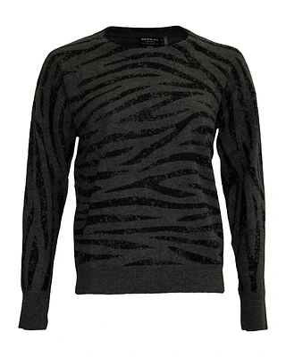 Cashmere Tiger Print Crew Neck Sweater Khaki