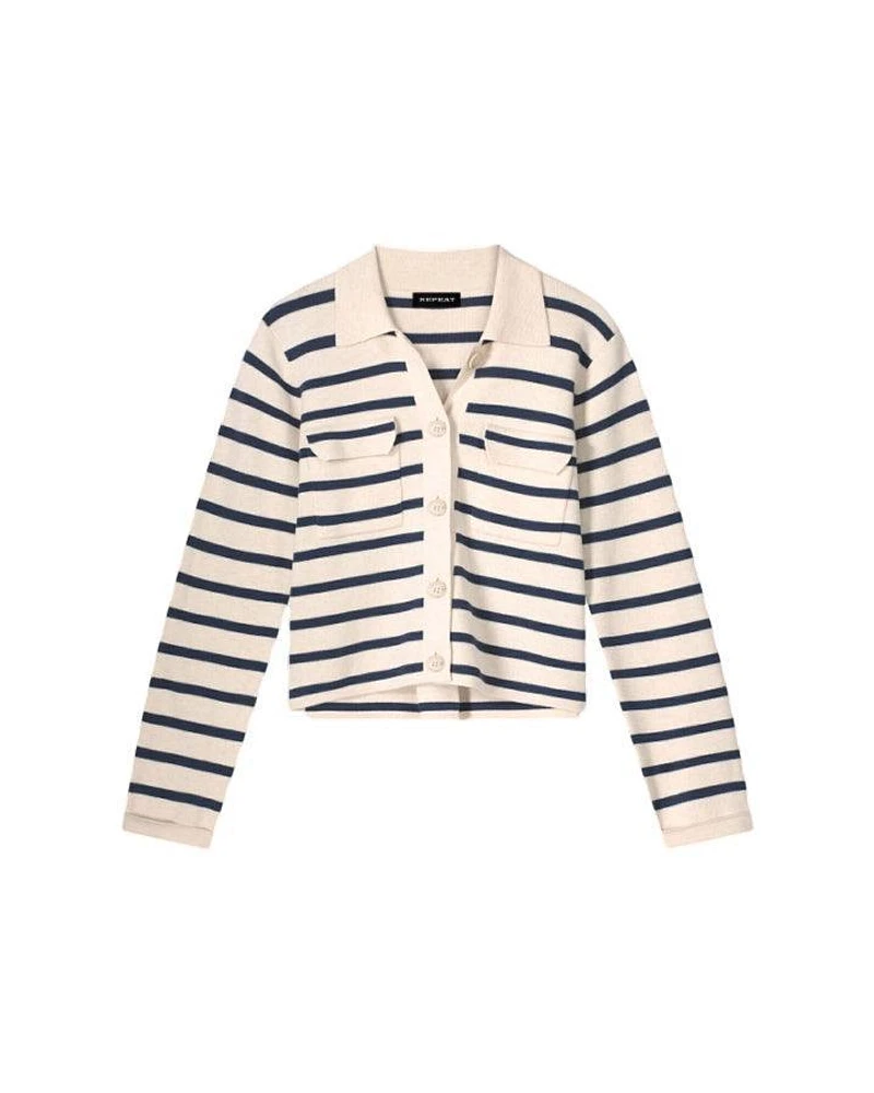 Cotton Knit Striped Cardigan With Polo Neck