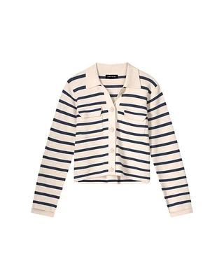 Cotton Knit Striped Cardigan With Polo Neck