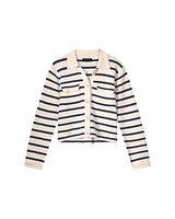 Cotton Knit Striped Cardigan With Polo Neck