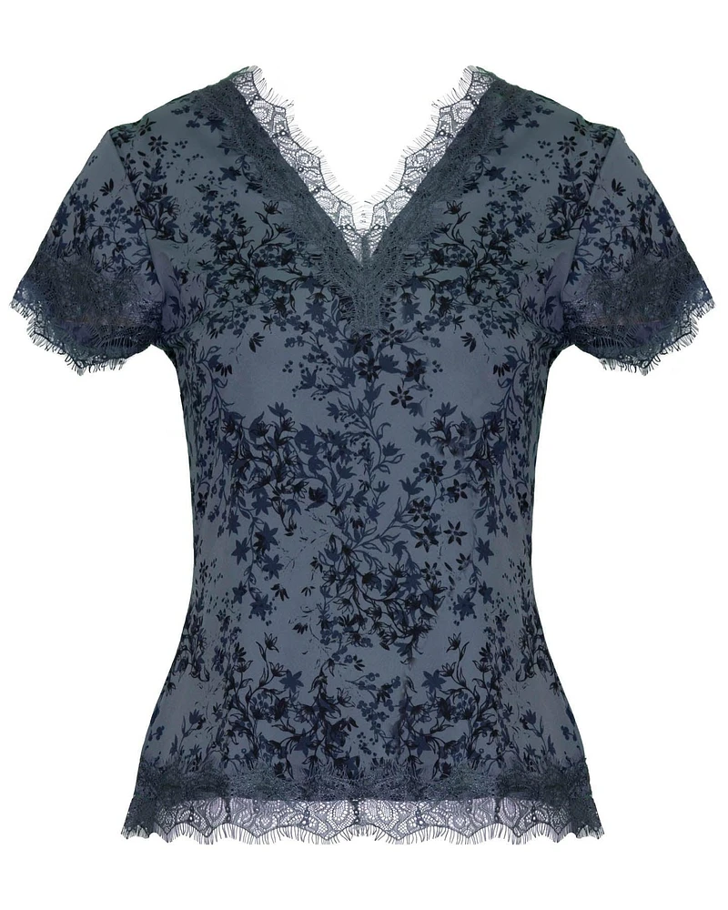 V Neck Lace Trimmed Printed Floral Tee Blue