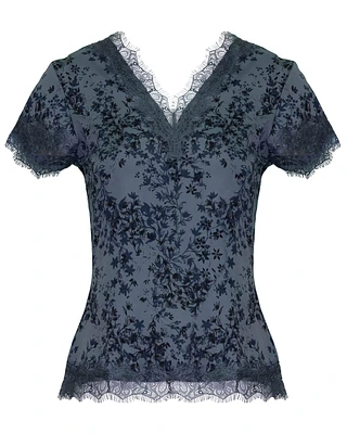 V Neck Lace Trimmed Printed Floral Tee Blue