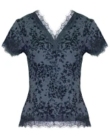 V Neck Lace Trimmed Printed Floral Tee Blue
