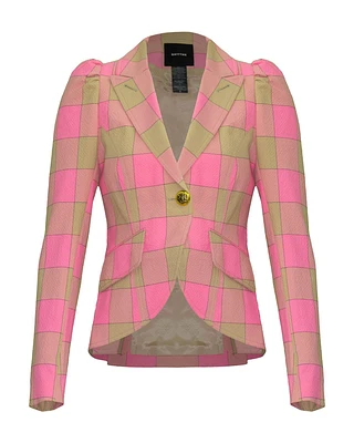 Pouf Sleeve One Button Blazer Pink Check