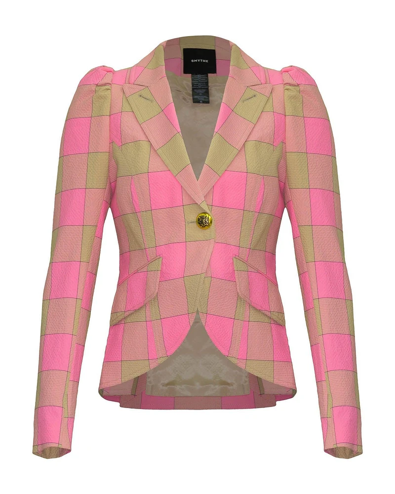 Pouf Sleeve One Button Blazer Pink Check