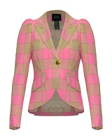 Pouf Sleeve One Button Blazer Pink Check