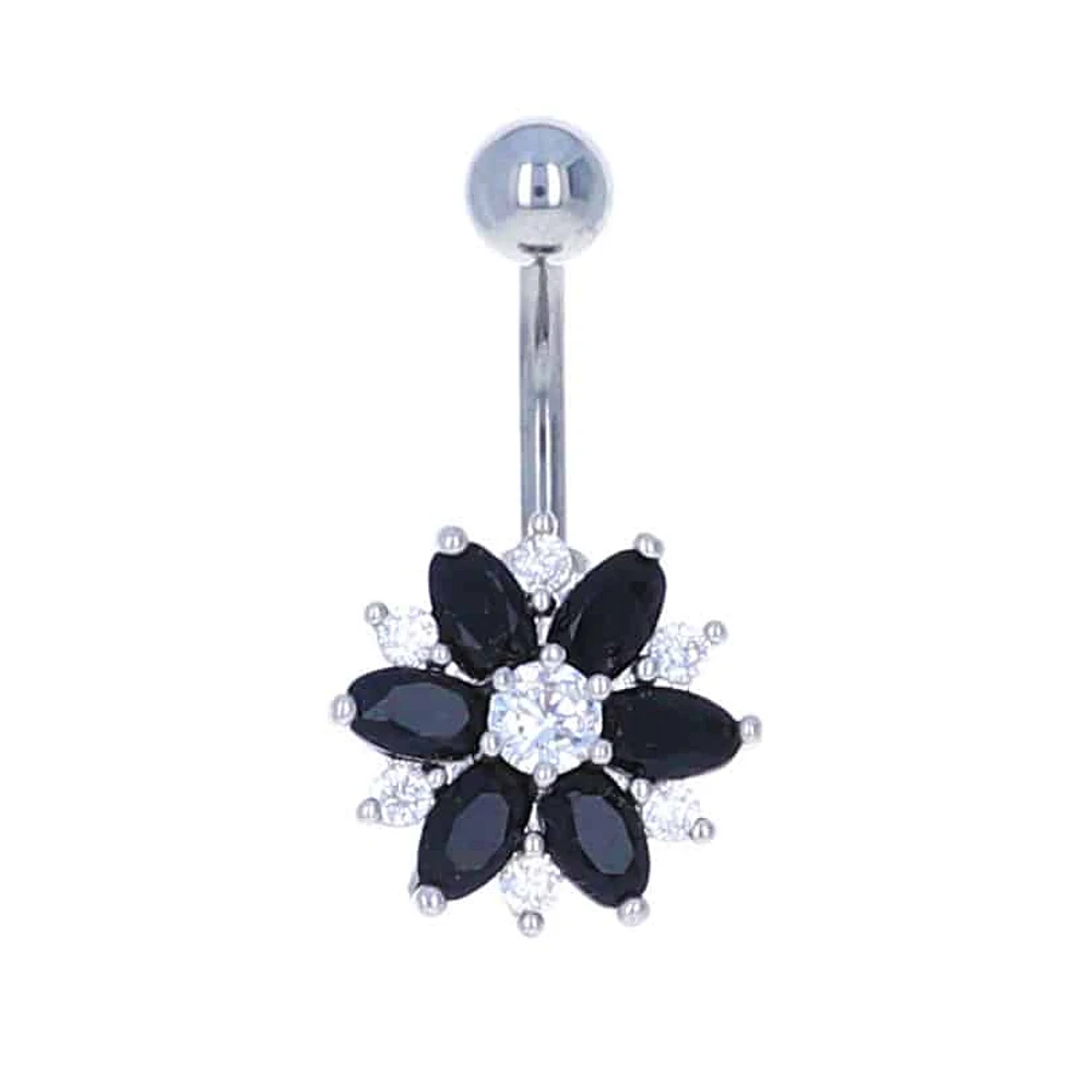 Black + Clear Crystal Flower Navel Barbell 14g
