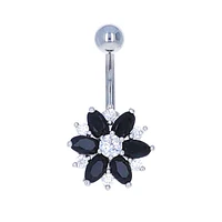 Black + Clear Crystal Flower Navel Barbell 14g