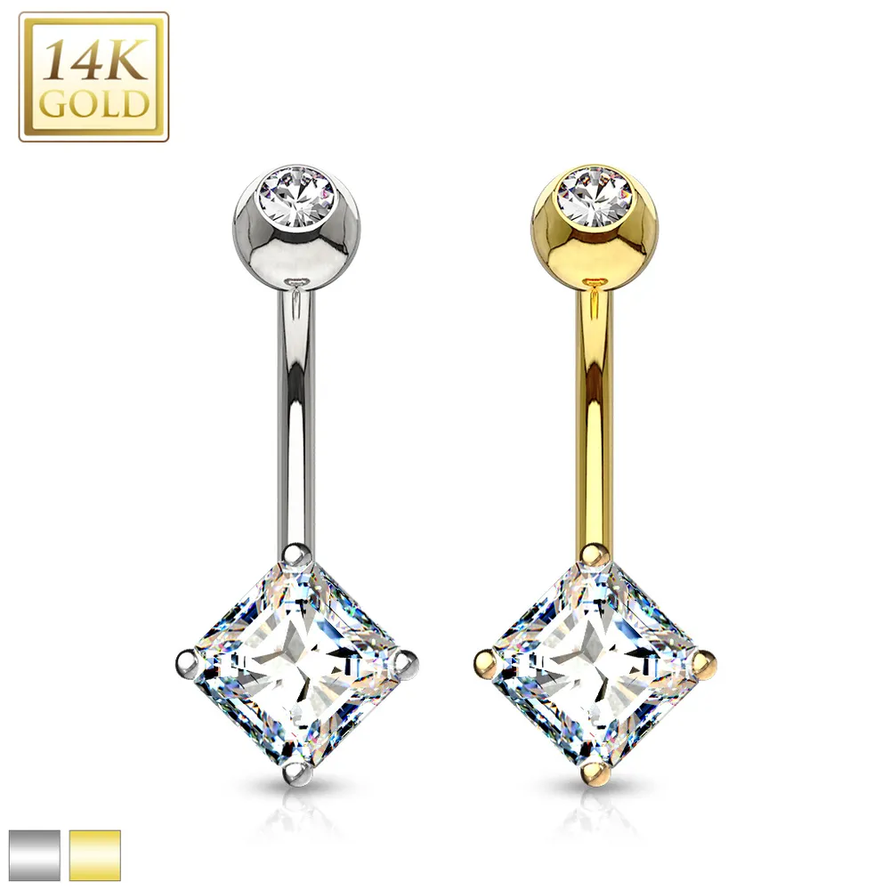 14K Gold Diamond Crystal Navel Barbell 14g