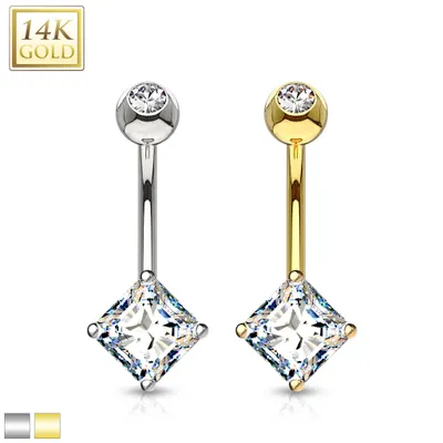 14K Gold Diamond Crystal Navel Barbell 14g