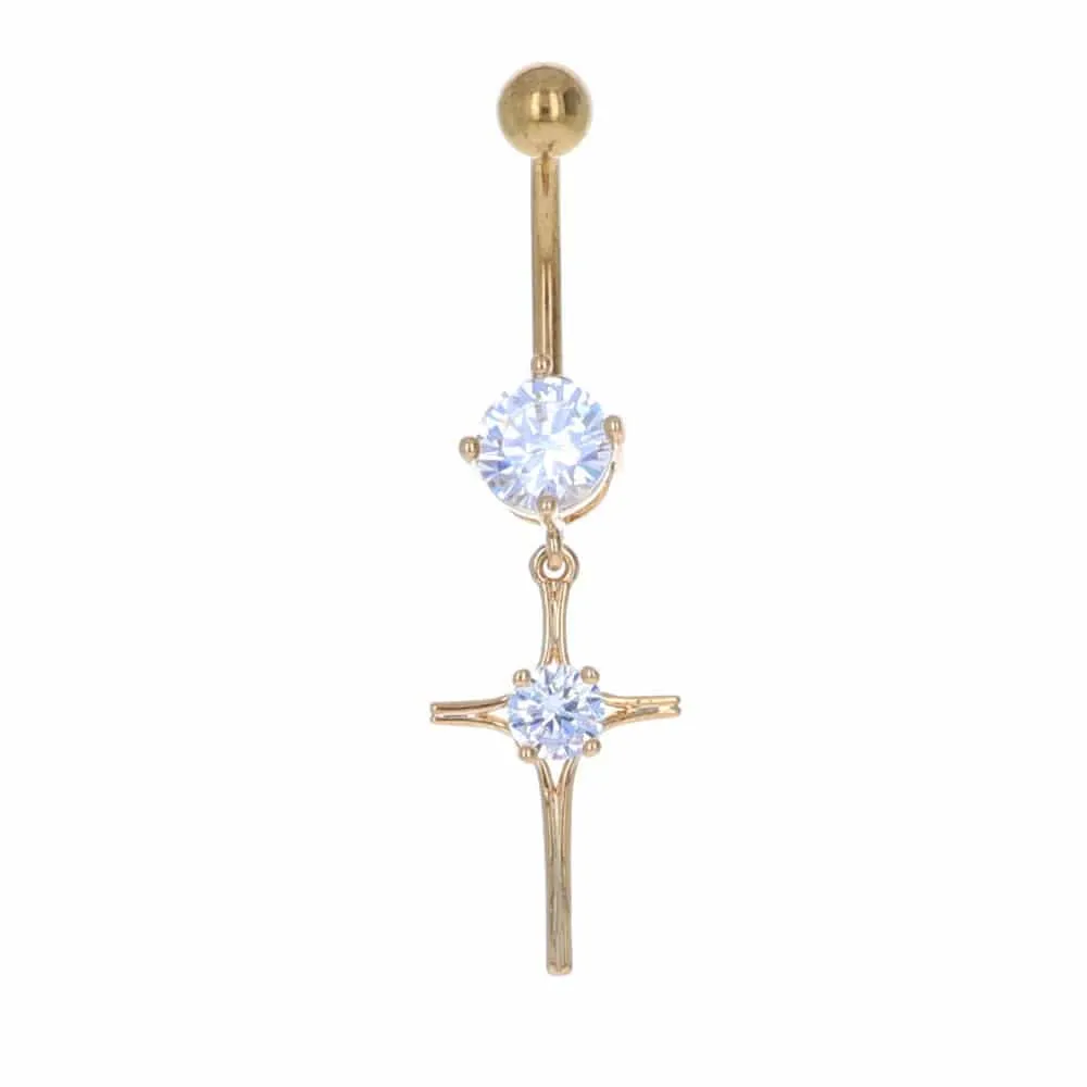 Gold PVD Crystal + Cross Navel Dangle 14g