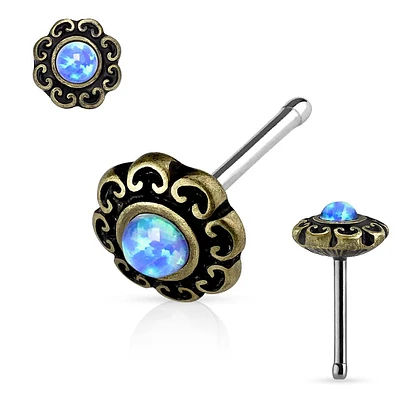 PREMIUM Brass + Opal Flower Nose Bone 18g