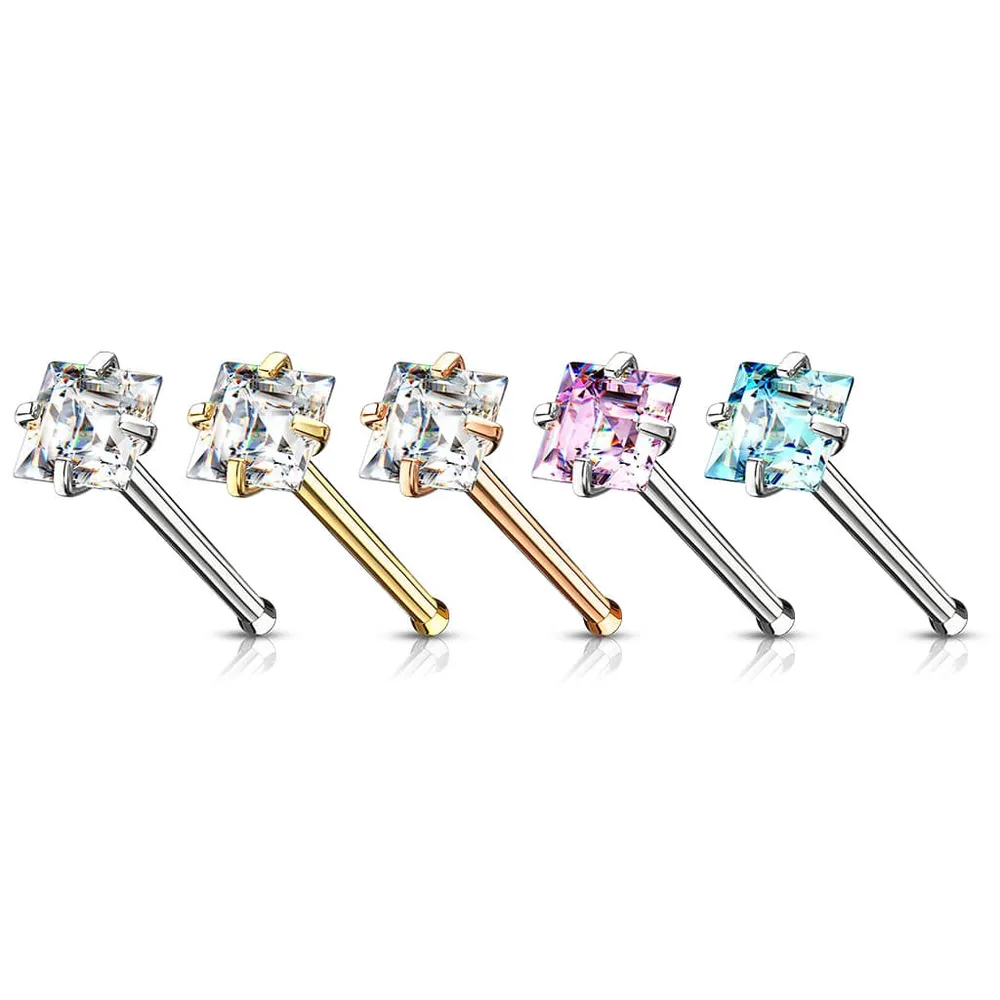 PREMIUM Claw-Set Square Crystal Nose Bone 18g