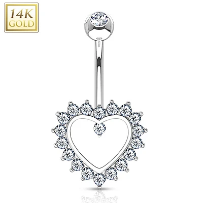 14K Gold Crystal Edge Heart Navel Barbell 14g