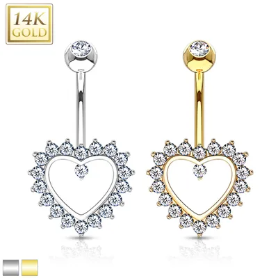 14K Gold Crystal Edge Heart Navel Barbell 14g