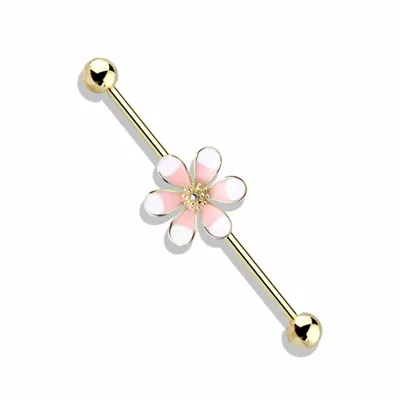 PREMIUM Pink + White Flower Industrial Barbell 14g