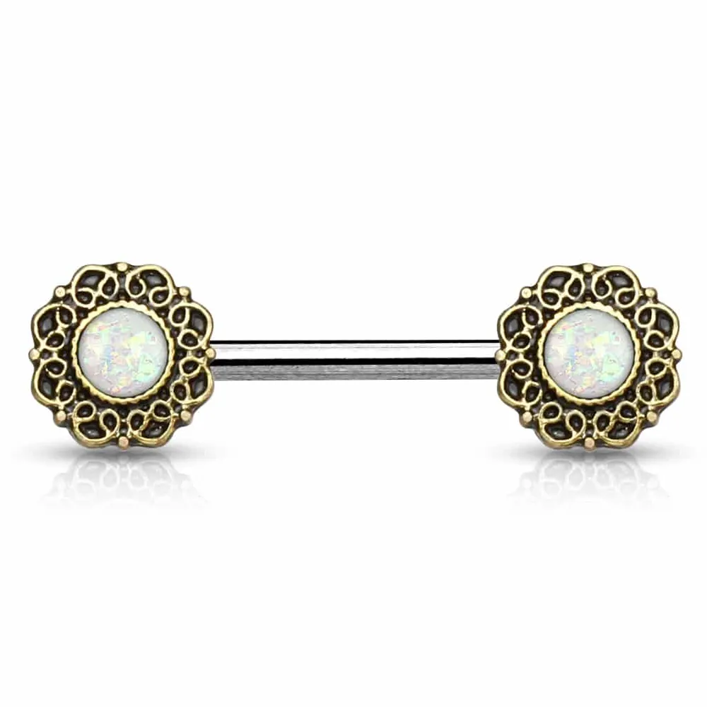 Brass Filigree + Opal Shield Nipple Barbell 14g