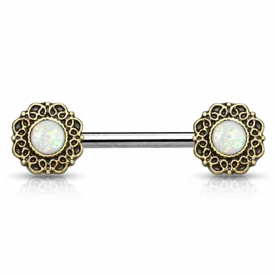 Brass Filigree + Opal Shield Nipple Barbell 14g