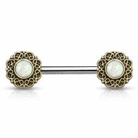 Brass Filigree + Opal Shield Nipple Barbell 14g
