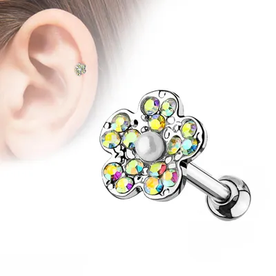 PREMIUM Iridescent Flower with Pearl Cartilage Stud 16g