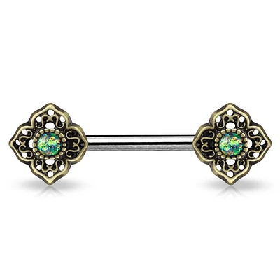 4 Point Brass Filigree + Opal Nipple Barbell 14g