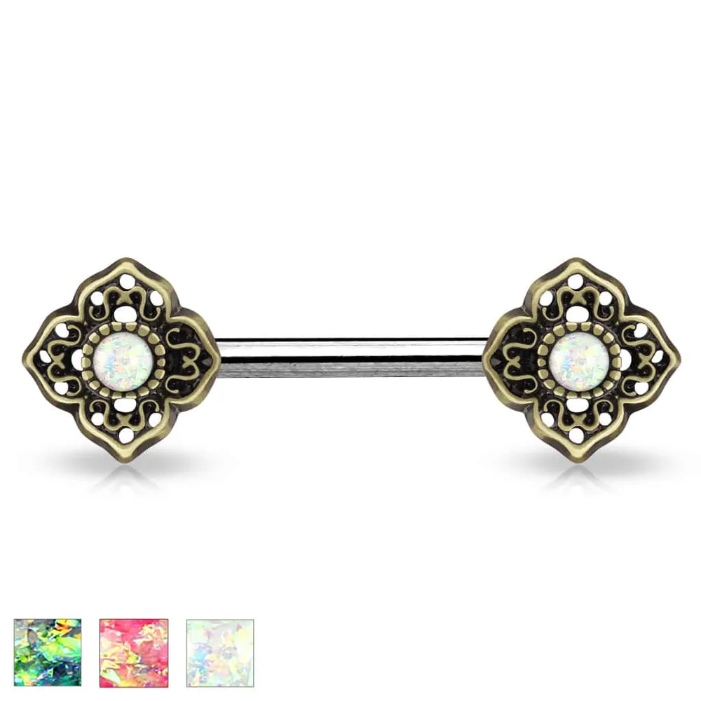 4 Point Brass Filigree + Opal Nipple Barbell 14g