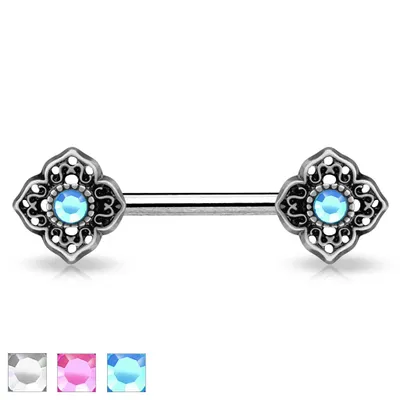 4 Point Filigree Crystal Nipple Barbell 14g