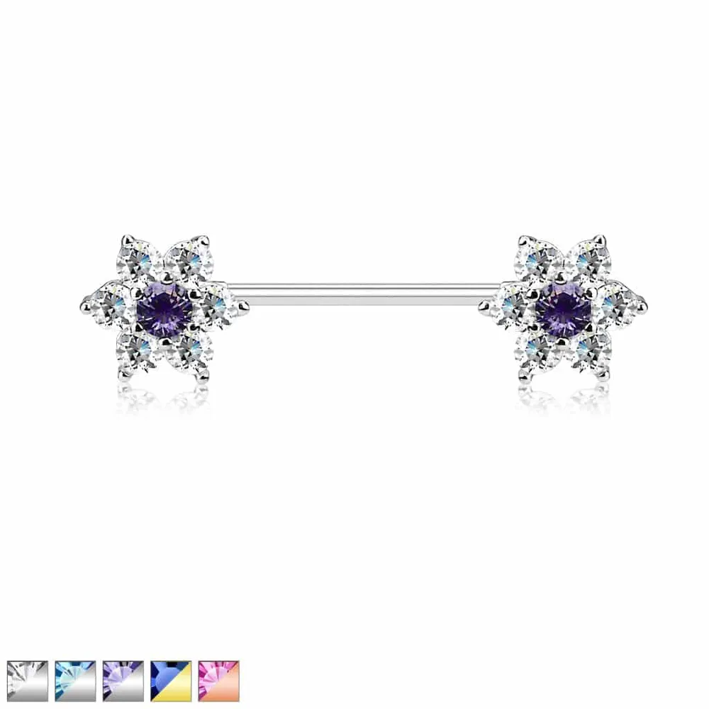 Crystal Flowers Nipple Barbell 14g