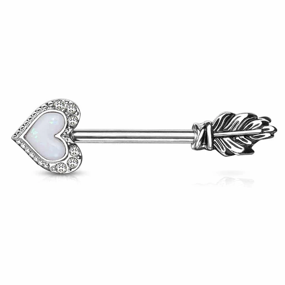 Opal Heart Arrow Nipple Barbell 14g