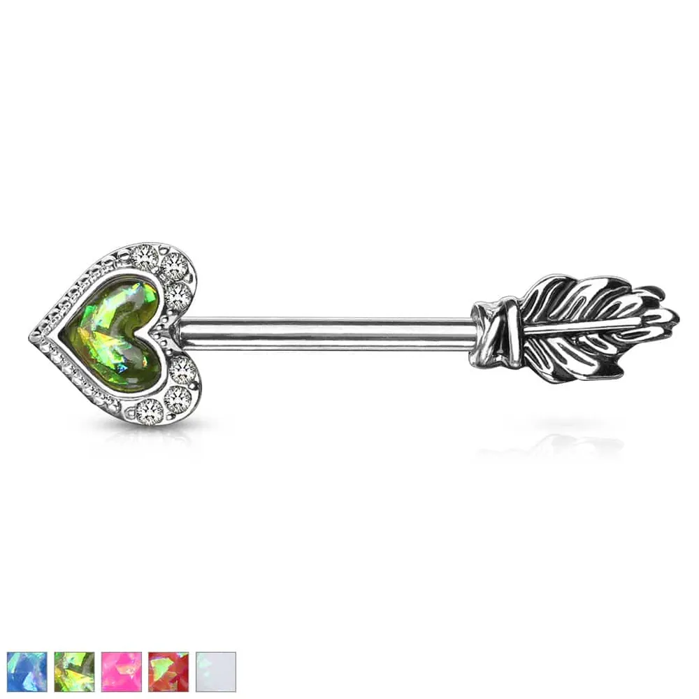 Opal Heart Arrow Nipple Barbell 14g